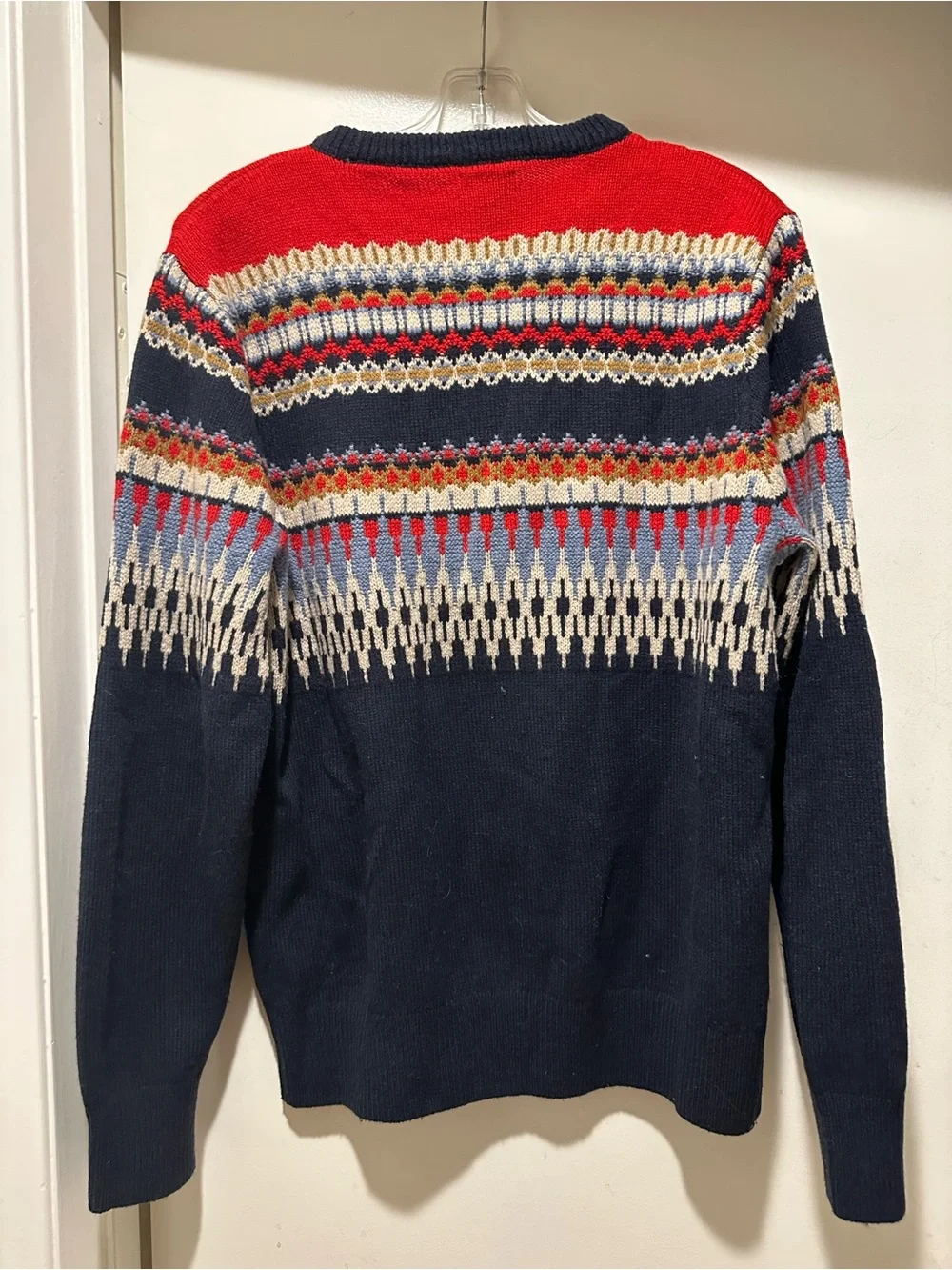 J. Crew Men's Navy Crewneck Sweater w Red, Cream & Light Blue Fair Isle Medium